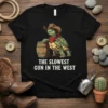 The Slowest Gun In The West t-shirt design with a cowboy turtle leaning on a barrel