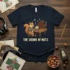 The Sound Of Nuts t-shirt design with a squirrel playing a grand piano, featuring musical notes