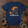The Spirit of Fire t-shirt design with a rearing black horse engulfed in flames, text below reads "THE SPIRIT OF