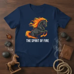 The Spirit of Fire t-shirt design with a rearing black horse engulfed in flames, text below reads "THE SPIRIT OF