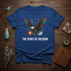 The Spirit of Freedom t-shirt design with a majestic eagle holding a sun graphic and colorful wings
