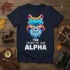 The Spirit Of The Alpha T-Shirt featuring a colorful geometric wolf head design with bold white text below