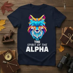 The Spirit Of The Alpha T-Shirt featuring a colorful geometric wolf head design with bold white text below