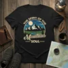 The Spirit of the Mountains Soul t-shirt with mountain landscape graphic and vintage font