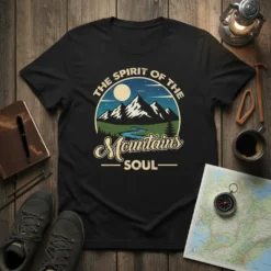 The Spirit of the Mountains Soul t-shirt with mountain landscape graphic and vintage font