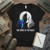 The Spirit Of The Night t-shirt design featuring three wolves howling at a full moon with stars in the background