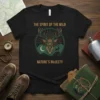 The Spirit of the Wild Nature's Majesty text with a geometric deer head graphic on a black t-shirt