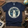 The Starry Alpaca Night Van Llama Gogh text on a navy t-shirt, featuring an alpaca in a starry night scene