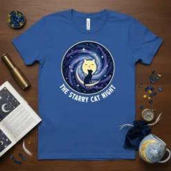 The Starry Cat Night t-shirt design featuring a black cat silhouette on a crescent moon within a swirling starry galaxy
