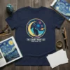 The Starry Night Cat Van Gogh 1889 t-shirt design featuring a black cat on a crescent moon against a starry