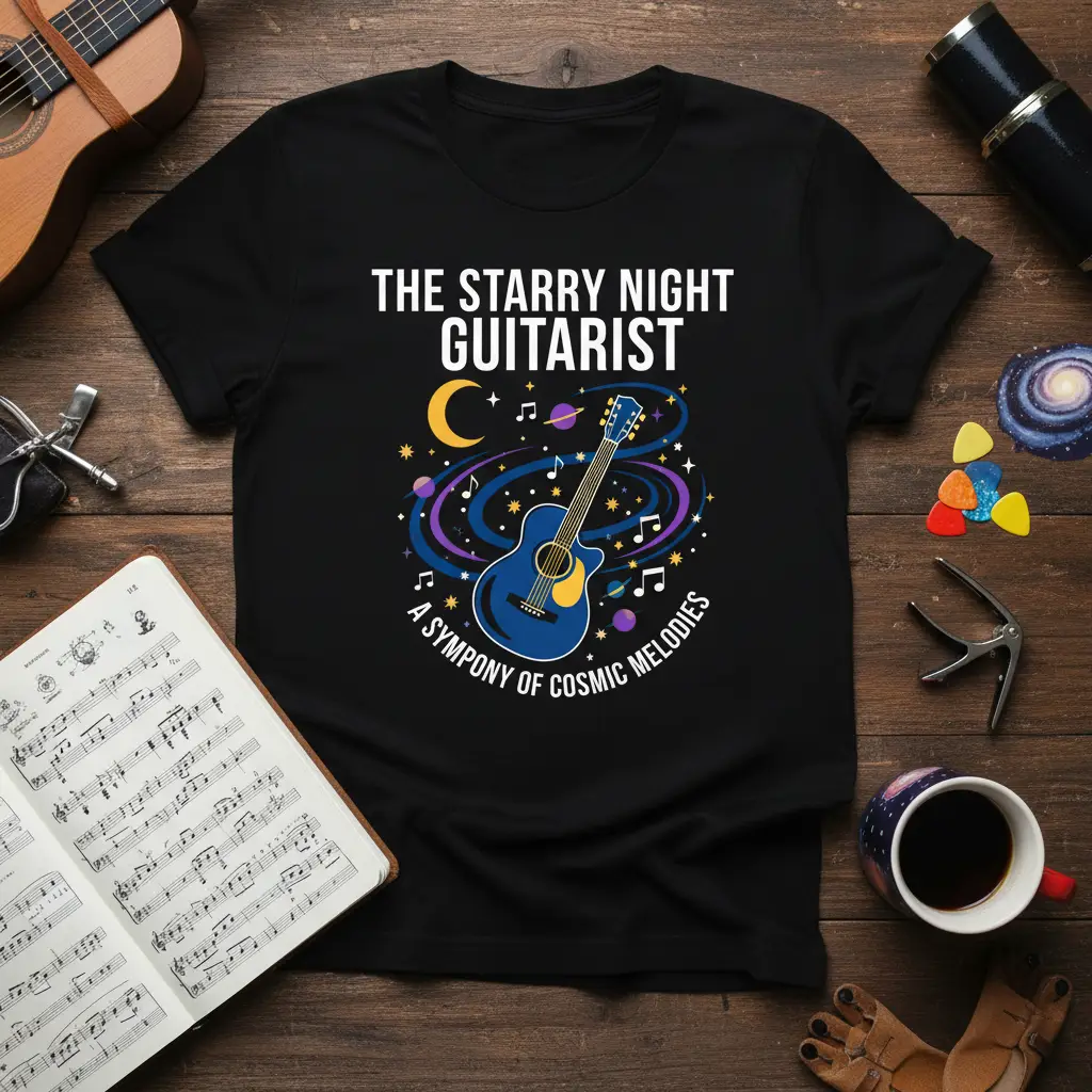 The Starry Night Guitarist Tee: Cosmic Melodies Symphony