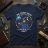 The Starry Night Journeys Await wizard t-shirt with a celestial graphic, moon, and stars