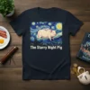The Starry Night Pig t-shirt design featuring a winged pig in a starry sky, inspired by Van Gogh's painting