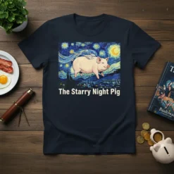 The Starry Night Pig t-shirt design featuring a winged pig in a starry sky, inspired by Van Gogh's painting