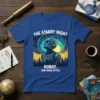 The Starry Night Robot Van Gogh Style T-Shirt featuring a robot head against a swirling Van Gogh-inspired sky and cityscape
