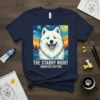 The Starry Night Samoyed Edition t-shirt design featuring a white Samoyed dog in a starry sky inspired by Van Gogh