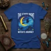The Starry Night Witch's Journey t-shirt design with a silhouette of a witch flying on a broomstick under a crescent