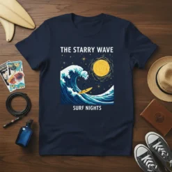Navy t-shirt with white text "THE STARRY WAVE SURF NIGHTS" above a crashing wave and surfer graphic under a starry