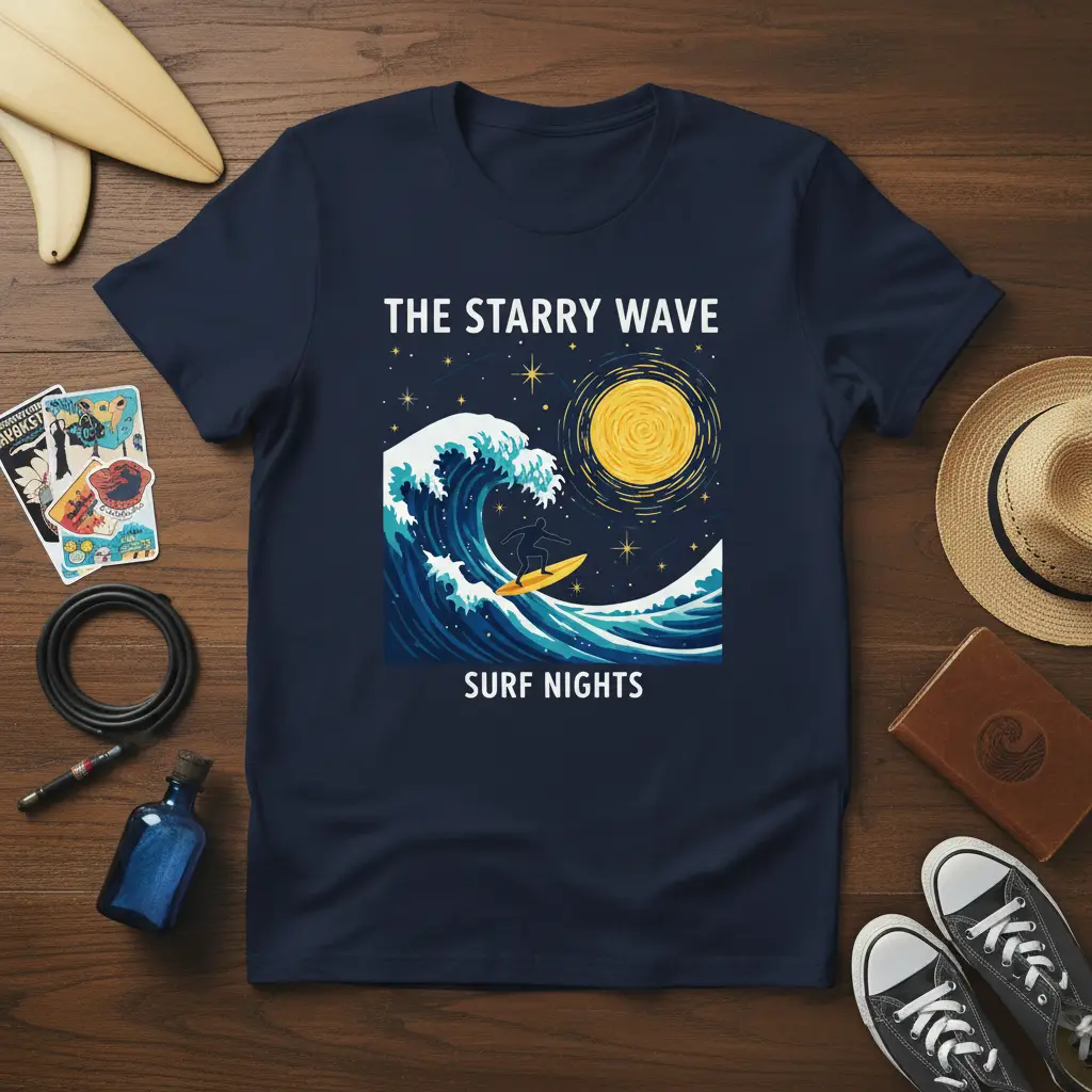 The Starry Wave Surf Nights design featuring a surfer on a wave under a starry sky on a navy t-shirt
