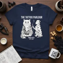 The Tattoo Parlour Inked Pets design featuring a cat getting tattooed by a dog, with text