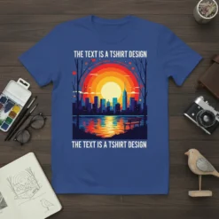 Blue t-shirt featuring the text "THE TEXT IS A TSHIRT DESIGN" above and below a colorful city skyline at sunset