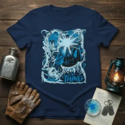 The Thing movie t-shirt design featuring a central figure holding a flamethrower with alien creature elements and the title "The