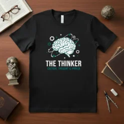 The Thinker Critical Thought Is Power T-Shirt with a brain graphic and gears