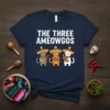 The Three Ameowgos t-shirt design with three cats wearing sombreros and playing instruments