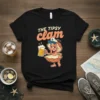 The Tipsy Clam t-shirt design featuring a cartoon clam holding a beer and wearing a captain's hat