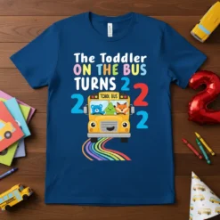 The Toddler ON THE BUS TURNS 2 birthday t-shirt design featuring a yellow school bus with cute animal passengers and