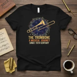 The Trombone A Musical Journey Since 15th Century text with trombone graphic on black t-shirt