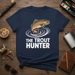 The Trout Hunter t-shirt design featuring a leaping trout graphic and bold white text