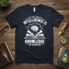 White text on navy t-shirt: The true sign of intelligence is knowledge but imagination, with brain graphic above open book