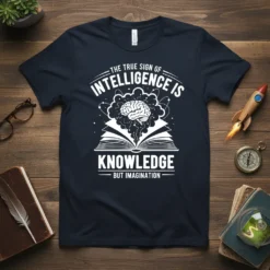 White text on navy t-shirt: The true sign of intelligence is knowledge but imagination, with brain graphic above open book