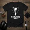 Black t-shirt featuring a white graphic of a tuxedo with the text "THE TUXEDO T-SHIRT" below it