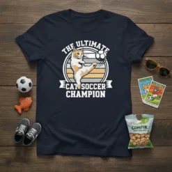 The Ultimate Cat Soccer Champion t-shirt design featuring a cat kicking a soccer ball, with vintage sunset stripes and ribbon