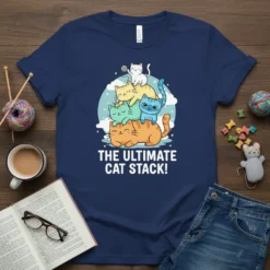 THE ULTIMATE CAT STACK! text with a pile of cute cats graphic on a navy t-shirt