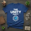 The Unity Party t-shirt design with bold white text and a graphic of the Earth surrounded by interconnected people