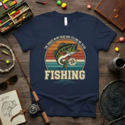 Graphic t-shirt design featuring the text "The Voices In My Head Are Telling Me To Go Fishing" with a bass