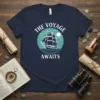 The Voyage Awaits t-shirt design with a vintage sailing ship graphic and ocean waves