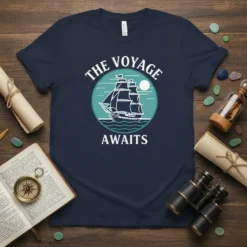 The Voyage Awaits t-shirt design with a vintage sailing ship graphic and ocean waves