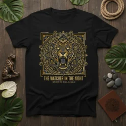 Black t-shirt with "THE WATCHER IN THE NIGHT SPIRIT OF THE JUNGLE" text and a fierce jaguar head within an