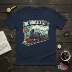 The Whistle Stop t-shirt with a vintage steam locomotive, railway tracks, and scenic mountains