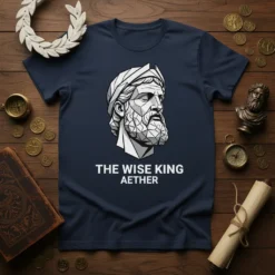 The Wise King Aether t-shirt design featuring a geometric bust of a bearded king with a laurel wreath