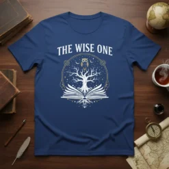 The Wise One t-shirt design with an owl on a tree growing from an open book, featuring stars and celestial