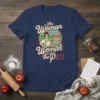 The Woman Behind the Pies t-shirt design featuring a woman and a stack of pies