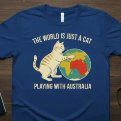 T-shirt design with text "THE WORLD IS JUST A CAT PLAYING WITH AUSTRALIA" featuring a cat hugging the Earth, specifically