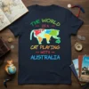 The World Is A Cat Playing With Australia text design on a navy t-shirt, featuring a cat shaped like a