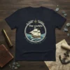 T-shirt design with quote "The world's is thy ship not thy home" featuring a vintage sailing ship and St. Therese