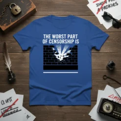 Blue t-shirt with white text "The Worst Part of Censorship Is" above a graphic of a brick wall breaking with
